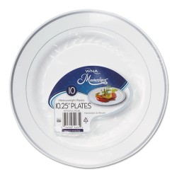 Masterpiece Plastic Plates, 10.25" Dia, White With Silver Accents, Round, 10/pack, 12 Packs/carton