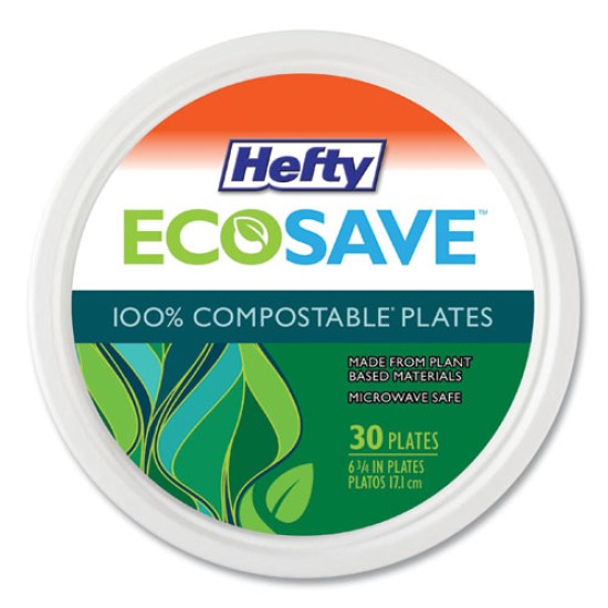 Ecosave Tableware, Plate, Bagasse, 6.75" Dia, White, 30/pack