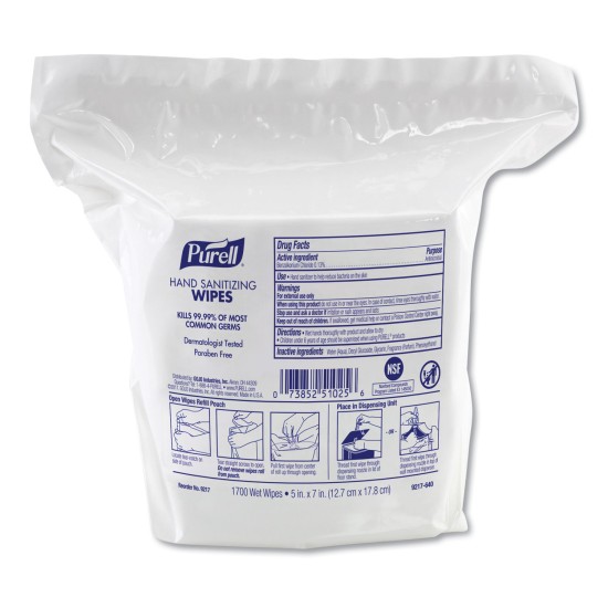 Purell Hand Sanitizing Wipes, 3-Ply, 8.25 x 14.06, Fresh Citrus Scent, White, 1,700 Wipes/Pouch, 2 Pouches/Carton
